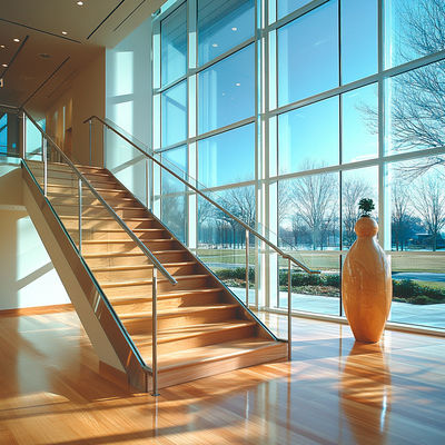 Brushed 304 Stainless Steel Handrails with Round Cover Plate for Glass Staircases