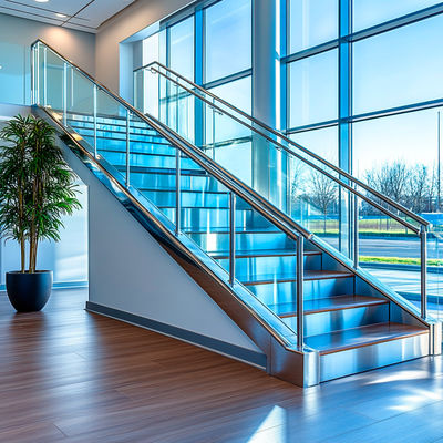 Designer Stainless Steel Handrails with Wood Inserts for Glass Staircase Applications