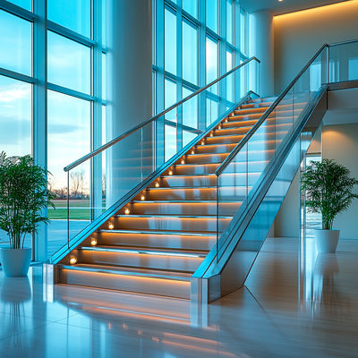 Designer Stainless Steel Handrails with Wood Inserts for Glass Staircase Applications